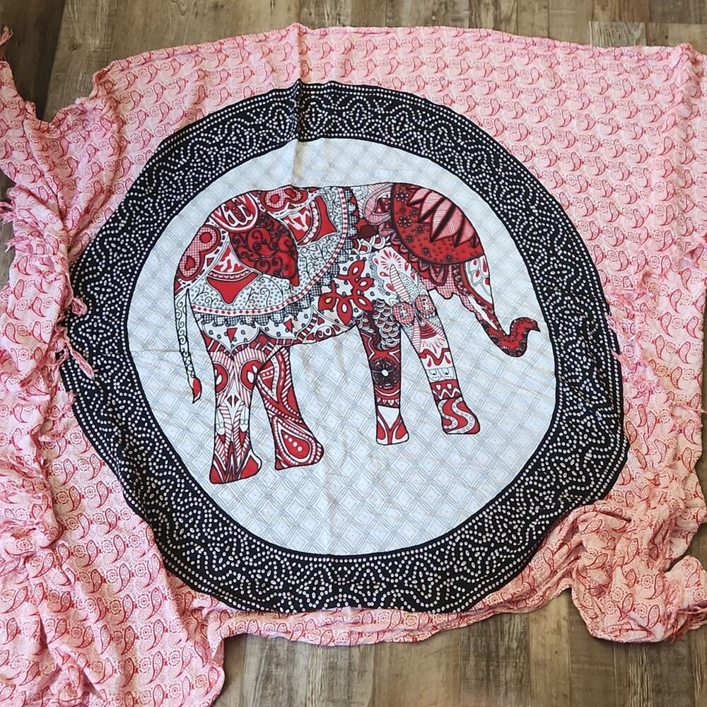 Elephant Red White & Black Shaw Bathing Suit Wrap Paisley Fringe Boho Artsy